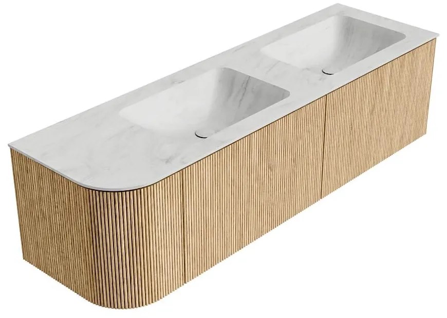 Mondiaz Kurve-dlux 155cm badmeubel ronding links oak met 2 lades en 1 deur en wastafel leaf dubbel/rechts zonder kraangat opalo