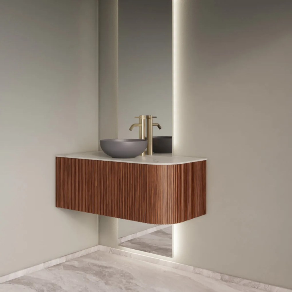 Gliss Design Alluro badmeubel ribbelfront met ronding rechts 100cm walnut en wit marmer toppaneel