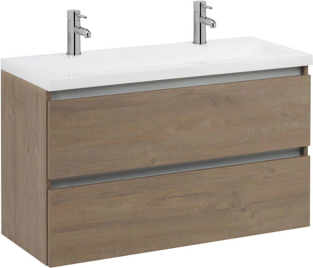 Saqu Gaia ondiep badmeubel incl. glans witte wastafel met 2 kraangaten 100x40x64cm toffee – aluminium greeplijst