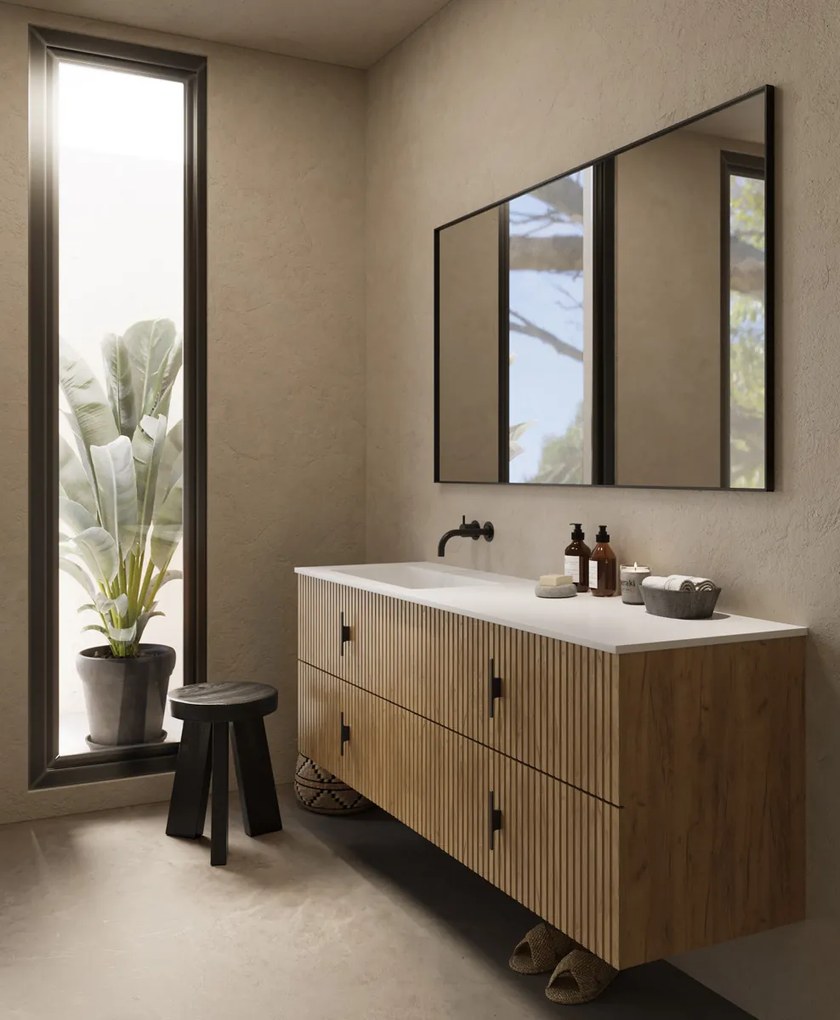 Muebles Avila badmeubel ribbelfront 160cm warm eiken met wastafel links zonder kraangat