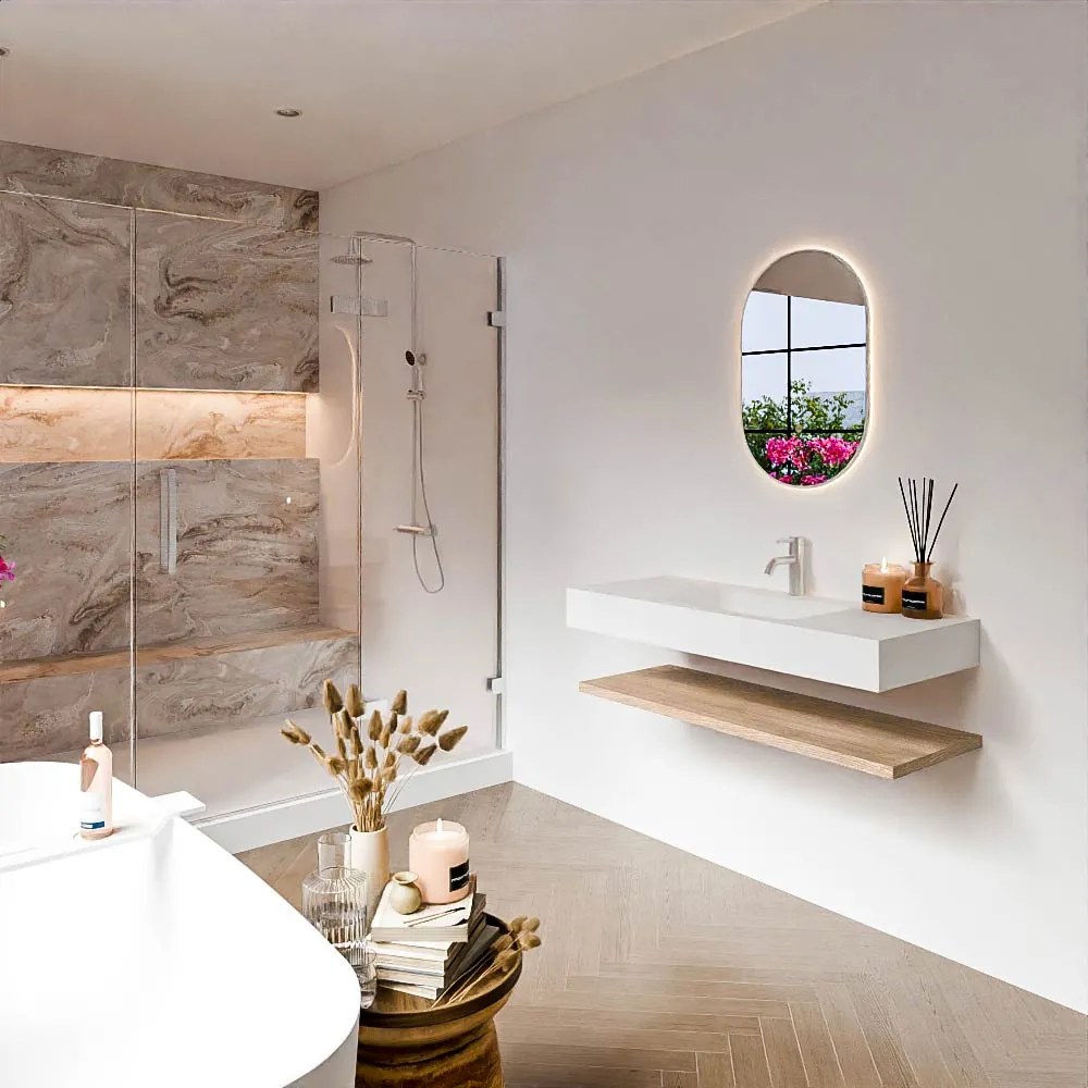 Zaro Alan badmeubel 110cm met planchet washed oak en vrijhangende wastafel cloud midden 1 kraangat talc