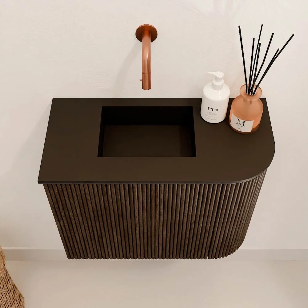 Mondiaz Joya 50cm toiletmeubel ronding rechts walnut met wastafel faye links zonder kraangat urban