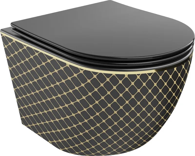 Mexen Lena rimless wc-pot met slim soft-close zitting, duroplast, zwart mat/gouden rasterpatroon - 30224079