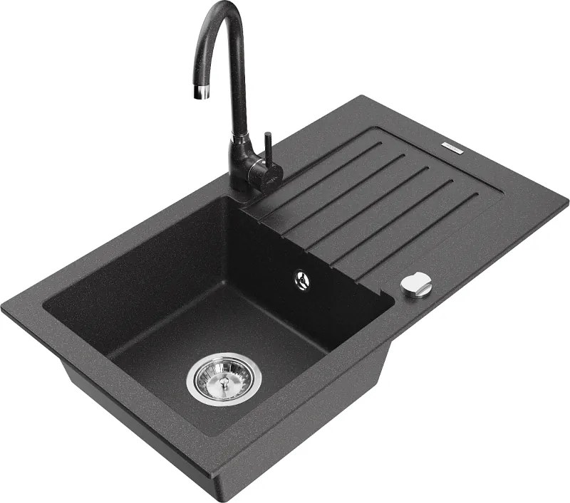 Mexen Pablo granieten gootsteen 1-kompartment met afdruiprek en keukenkraan Telma, zwart gespikkeld - 6510-76-670200-76