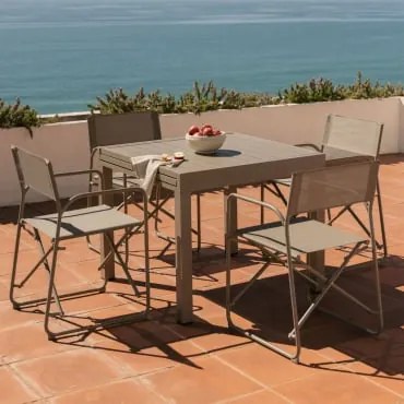 Set Van 90-180x90 Cm Uitschuifbare Aluminium Starmi Tafel En 4 Inklapbare Melida Tuinstoelen Van Staal Moka Bruin - Sklum