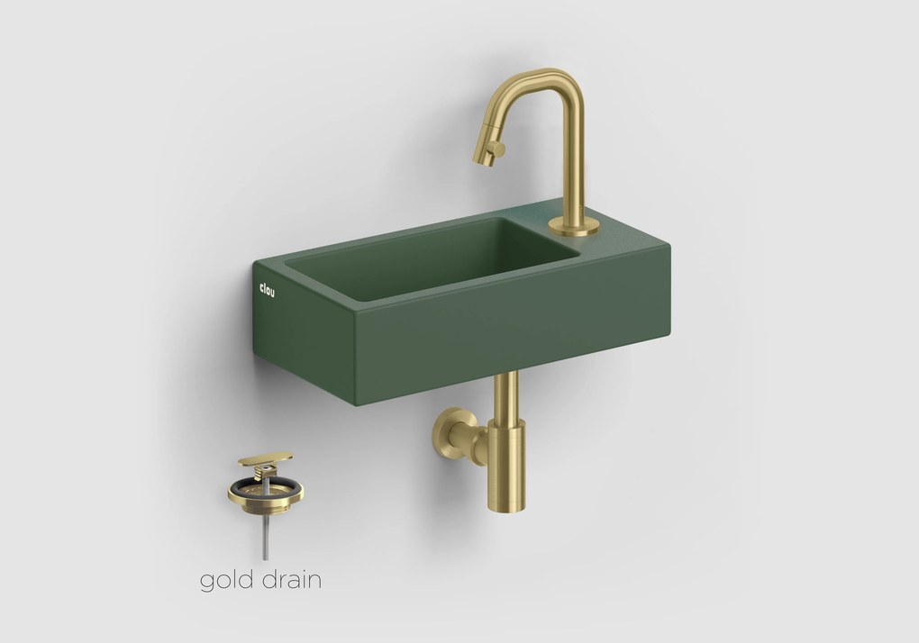 Clou Flush 3 keramische fontein groen mat met Kaldur toiletkraan messing geborsteld PVD