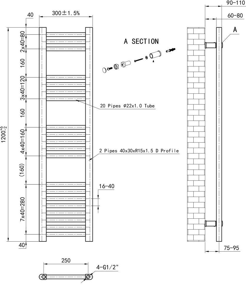 Eastbrook Wendover handdoekradiator 30x120cm 392W zwart mat