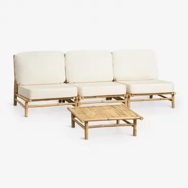 Tuinset Met Modulaire 3-zitsbank En Vierkante Salontafel 75x75 Cm Van Bamboe Isendra Stof Wit - Sklum