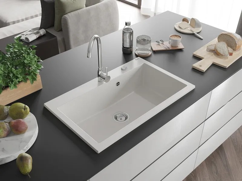 Mexen Elix granieten gootsteen 1-komor 800 x 500 mm, wit, sifon chroom - 6527801005-20