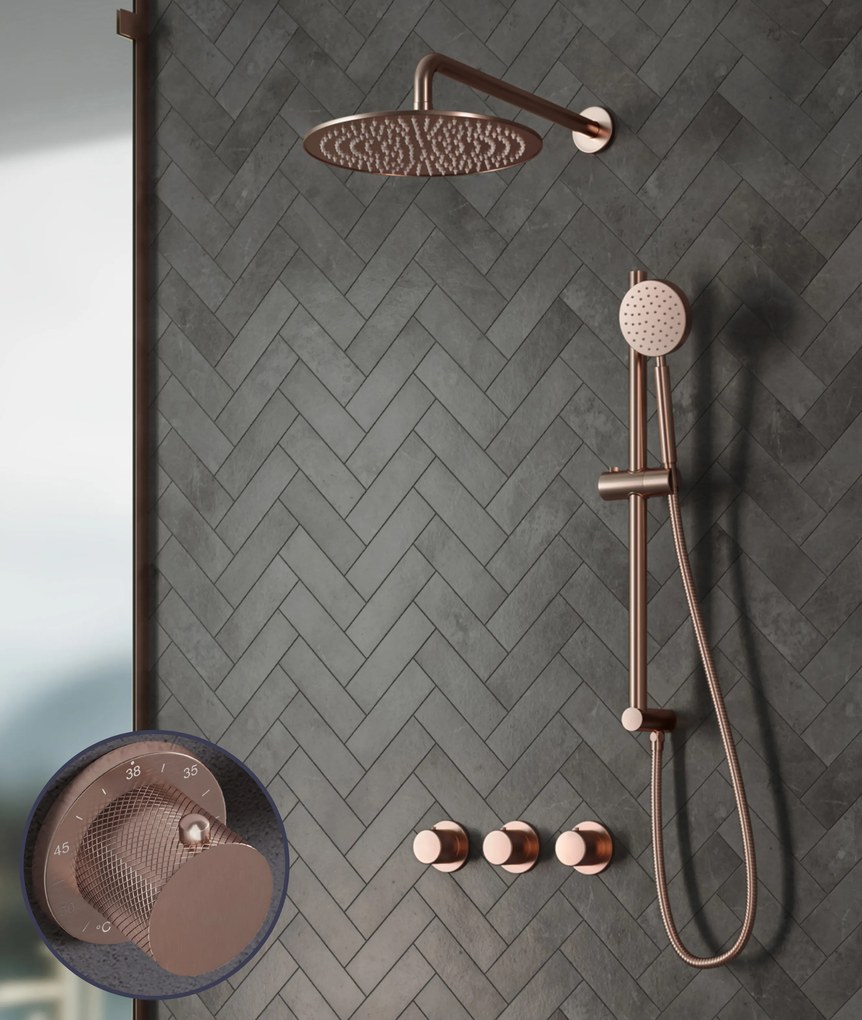 Saniclear Plus Curved inbouw regendouche met 20cm hoofddouche, muurarm en glijstang geborsteld koper