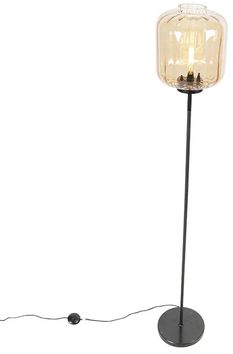 Design vloerlamp zwart met amber glas - Qara