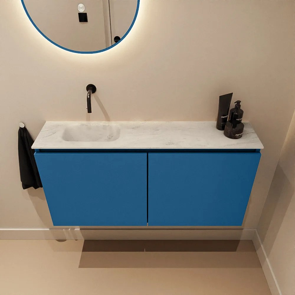 Mondiaz Ture DLux toiletmeubel 100cm jeans met wastafel opalo links zonder kraangat