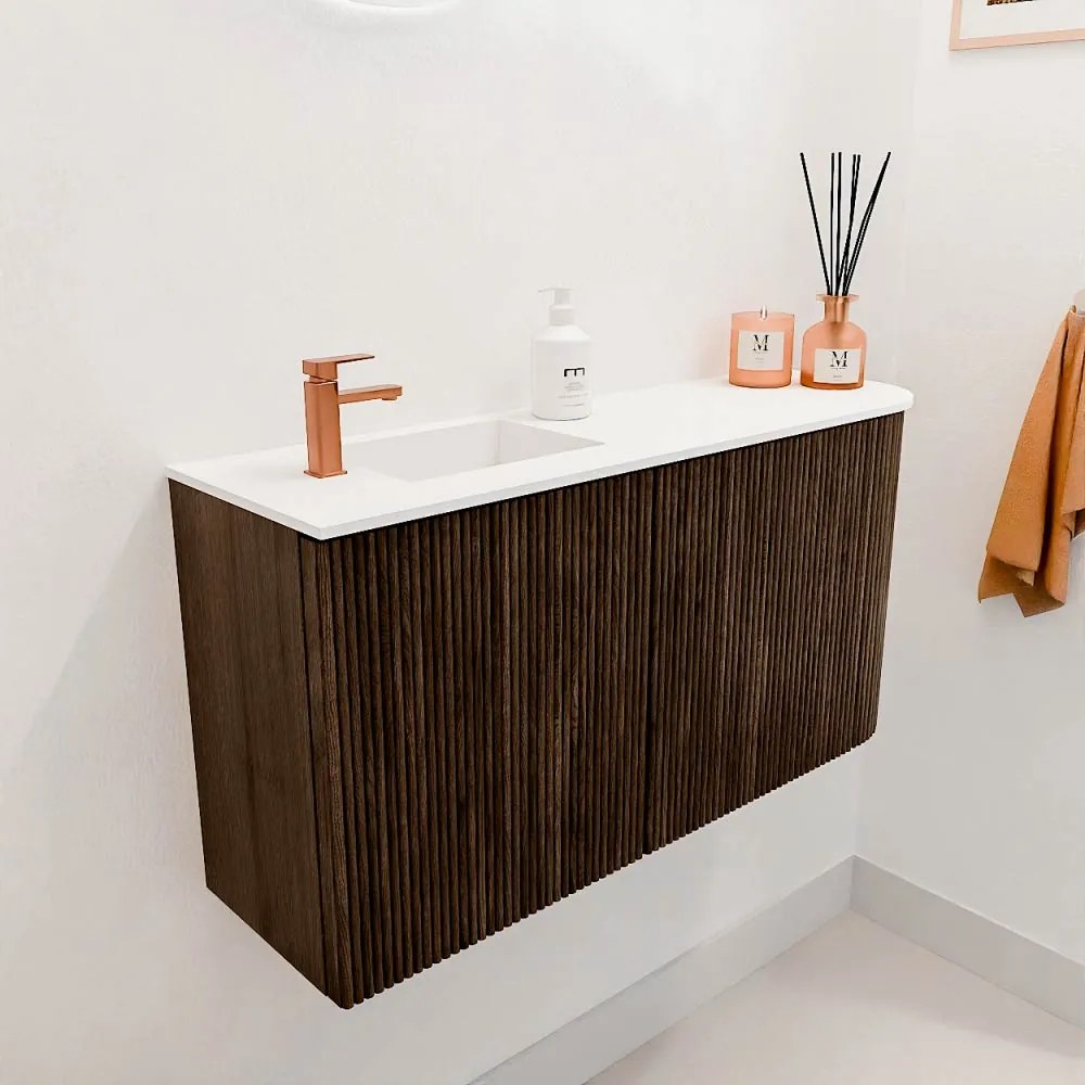Mondiaz Joya 80cm toiletmeubel ronding rechts walnut met wastafel faye links 1 kraangat talc