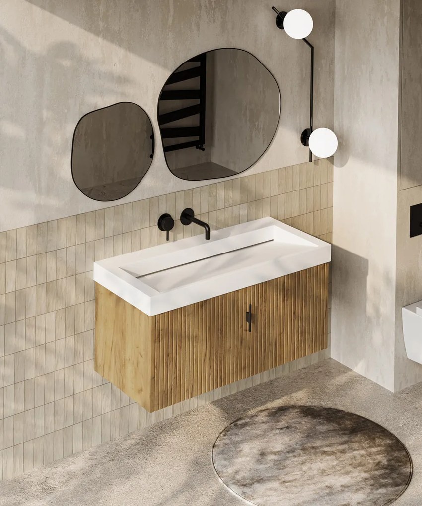 Muebles Calas badmeubel ribbelfront 100cm warm eiken met solid surface wastafel zonder kraangat