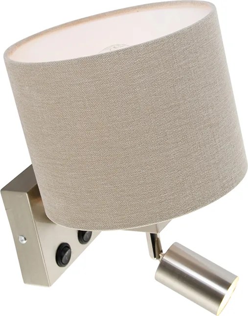 Wandlamp staal met leeslamp en kap 18 cm lichtbruin - Brescia