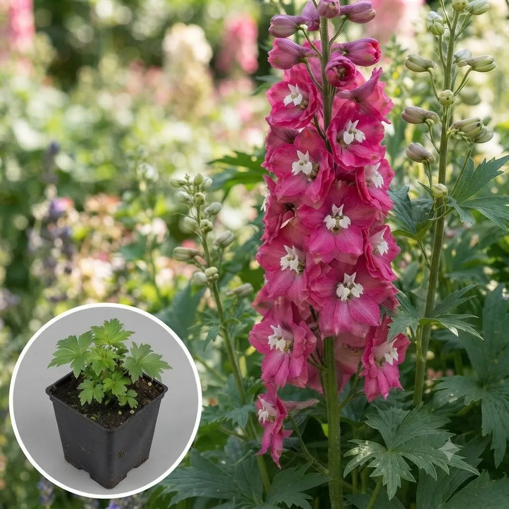 Delphinium 'Magic Fountains Deep Rose White Bee' - pot 9x9 cm -