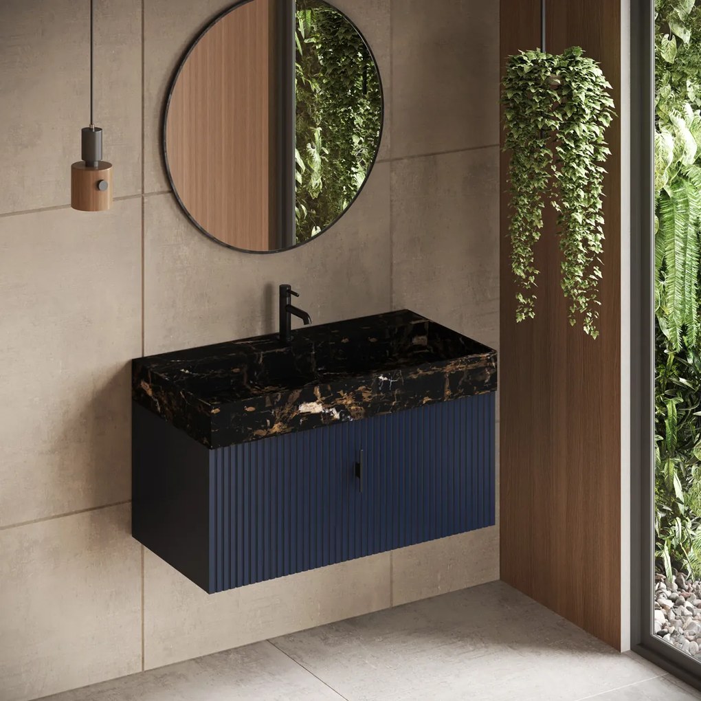 Muebles Zahora badmeubel ribbelfront 100cm marine blauw met Portoro Gold wastafel met kraangat