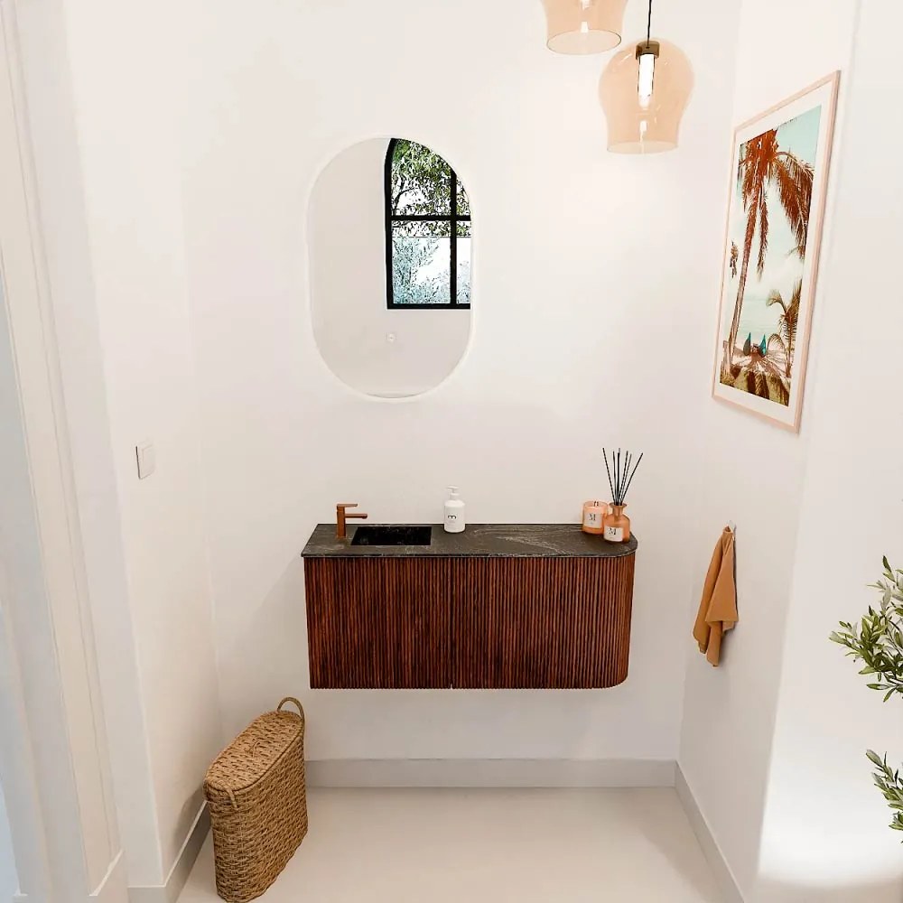 Mondiaz Joya DLux 90cm toiletmeubel ronding rechts ruby met wastafel faye links 1 kraangat lava