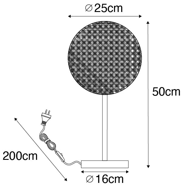Landelijke tafellamp zwart met rotan 25 cm - KataOosters, Landelijk E27 rond Binnenverlichting Lamp