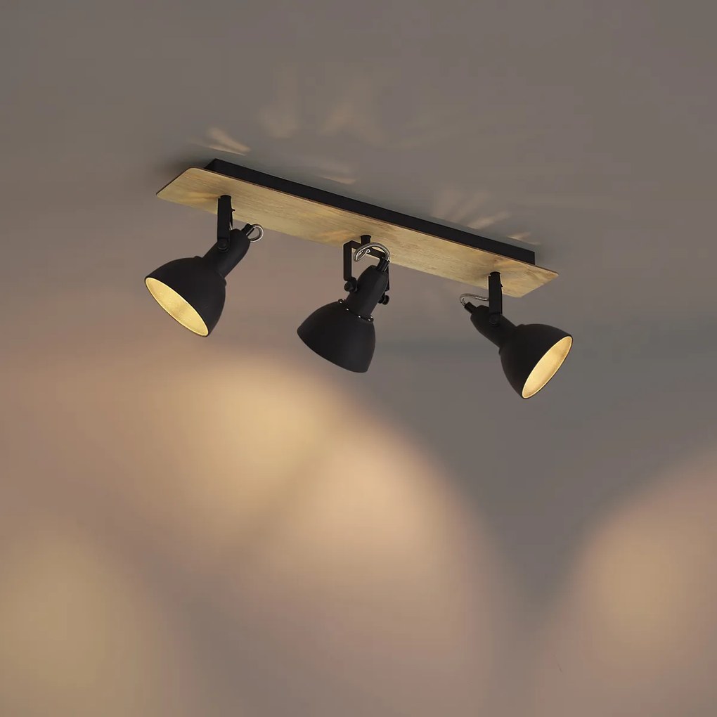Plafondspot zwart met hout 3-lichts draai- en kantelbaar - Jakub