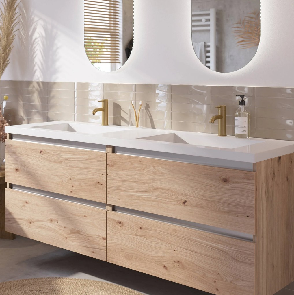 Saqu Gaia Actie badmeubel incl. dubbele glans witte wastafel 160x52x64cm naturel eiken – aluminium greeplijst