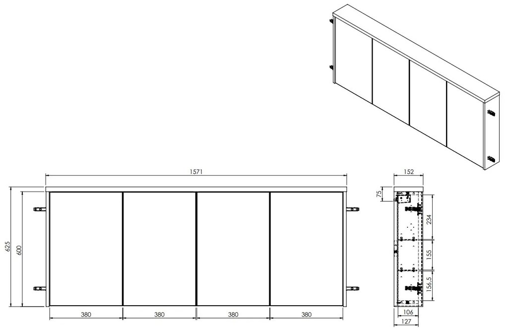 Fontana Basic spiegelkast 157cm met 4 deuren kasteel bruin