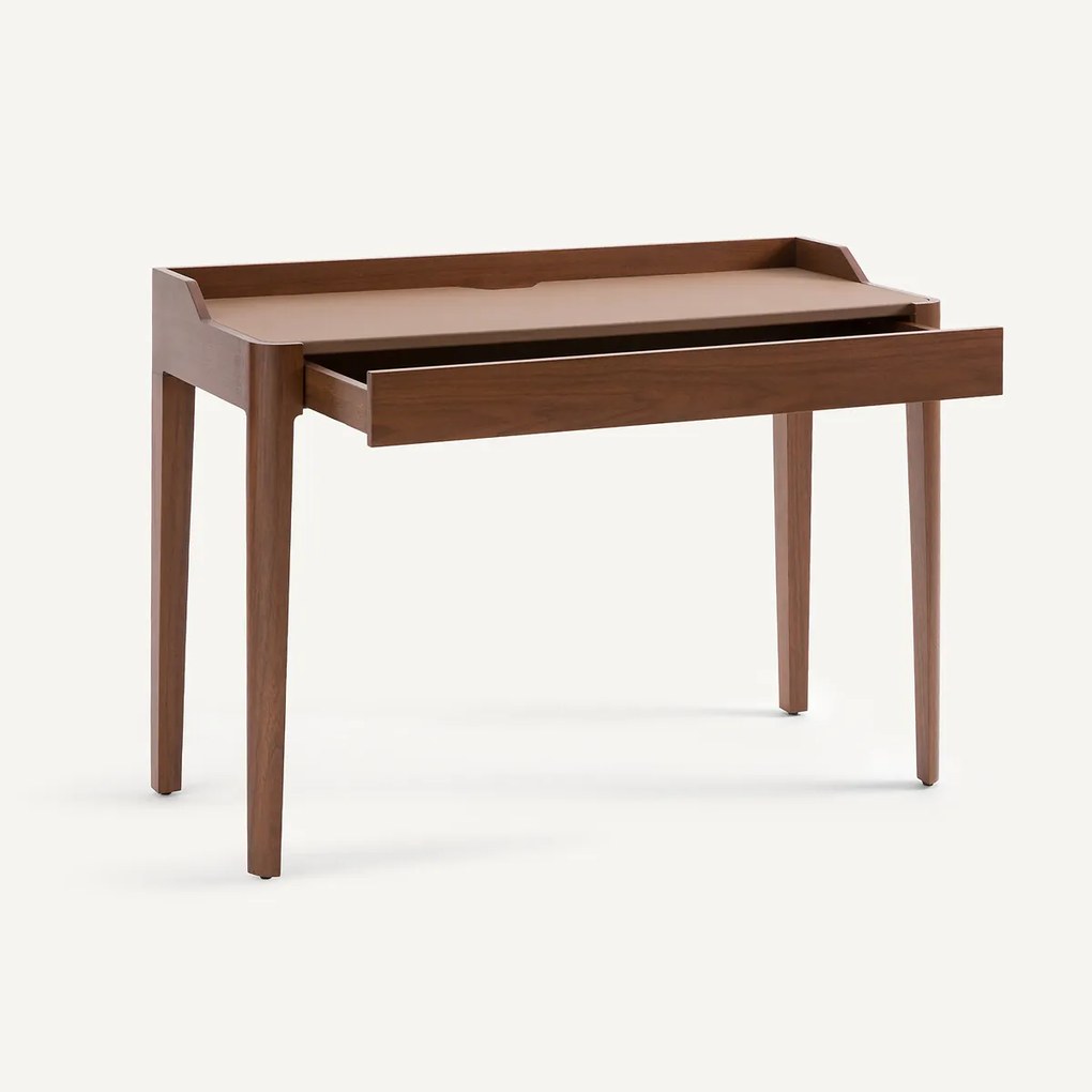 Bureau van notenhoutfineer en leer, Junius, ontwerp door Emmanuel Gallina