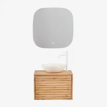 Deleyna Zwevend Houten Badkamermeubelset Natuurlijk Hout & Rond Cement Wit Ø40 Cm Zavion & Vierkant Led En Anticondens 75x75 Cm Riben & - Sklum