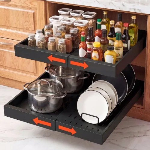 VEVOR 2 x Telescopische lade-organizer voor keukenkasten, 31-48 cm, 52 cm diepe uittrekbare lades voor kasten, uitschuifbare lades voor keukenkasten met nano-plakstrips, zwart