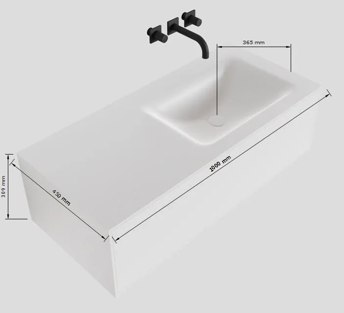 Zaro Lagom volledig naadloos solid surface onderkast 100cm mat wit met 1 lade Push tot open. Compleet met solid surface wastafel met 1 kraangat(en)