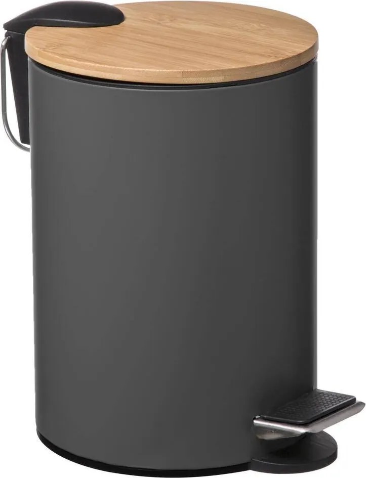 5Five pedaalemmer'Soft'donkergrijs metaal 3L - 24 cm - Voor badkamer en toilet - Prullenbak met bamboe deksel
