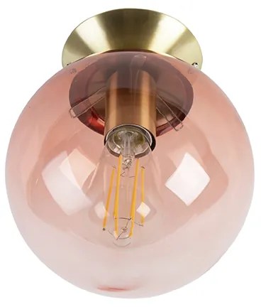 Art deco plafondlamp messing met roze glas - Pallon