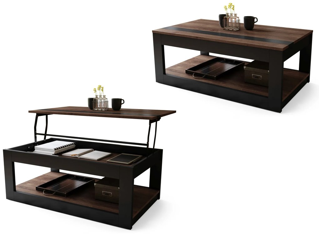 LUSSO Bruin Eiken/Zwart Mat - MODERNE SALONTAFEL MET VERHOOGD BLAD + OPBERGRUIMTE + SCHAP (OP WIELEN!)