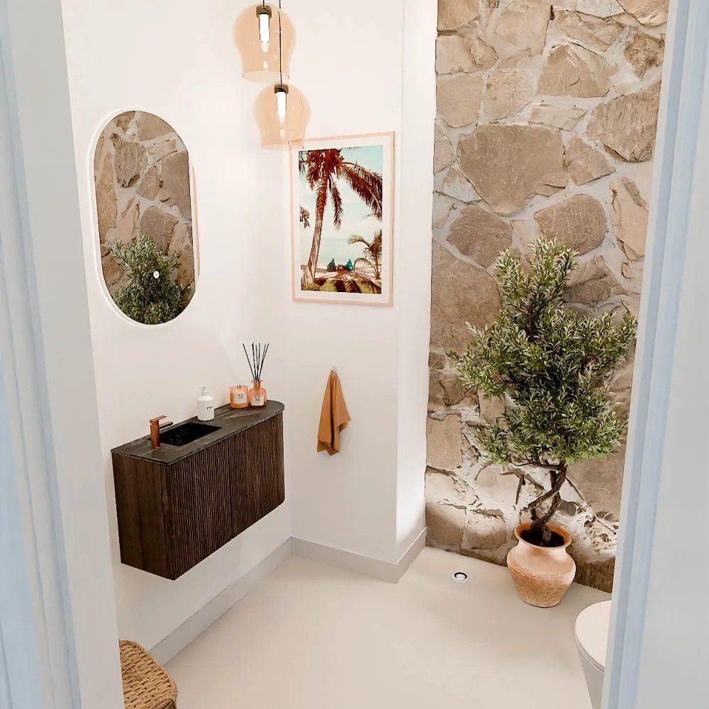 Mondiaz Joya DLux 70cm toiletmeubel ronding rechts walnut met wastafel faye links 1 kraangat lava
