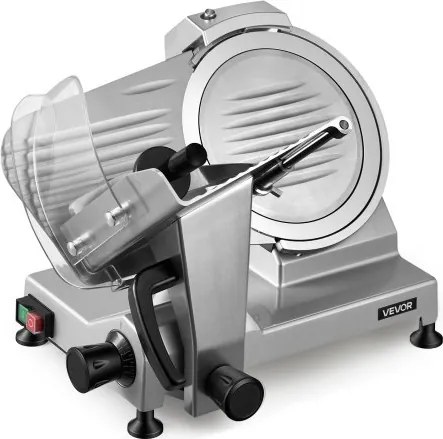 VEVOR elektrische vleessnijmachine met 250 mm mes, 240 W, universele vleessnijmachine met geïntegreerde slijper en instelbare snijdikte van 0-12 mm, voor bevroren vlees en ham.