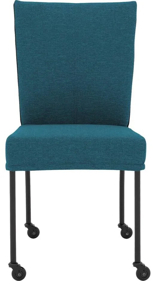 Goossens Eetkamerstoel Funk Zwarte Poten blauw stof leuning en Zwart skater wiel met zwarte kapmet wielen, modern design