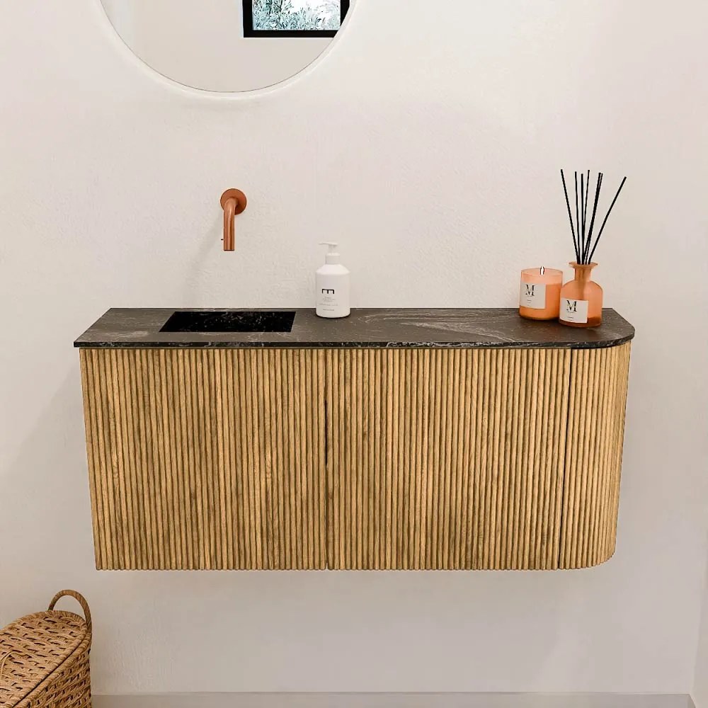 Mondiaz Joya DLux 90cm toiletmeubel ronding rechts oak met wastafel faye links zonder kraangat lava