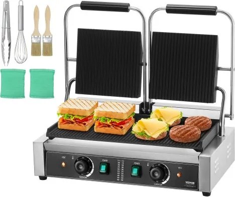 VEVOR Commerciële Piadine Sandwich Grill, 3600W Elektrische Dubbele Sandwichpers voor Panini's Gemaakt van Roestvrij Staal, Temperatuurgecontroleerde Geëmailleerde Plaat met Gleuf, Circa 50°C tot 300°C Dubbele Grill