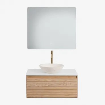 Tedrik Badkamermeubelset In Essenhout Ash Brown & Rond Cement Wit Ø40 Cm Zavion & Rechthoekige Led En Anticondens 80x70 Cm Gualar & Goud - Sklum