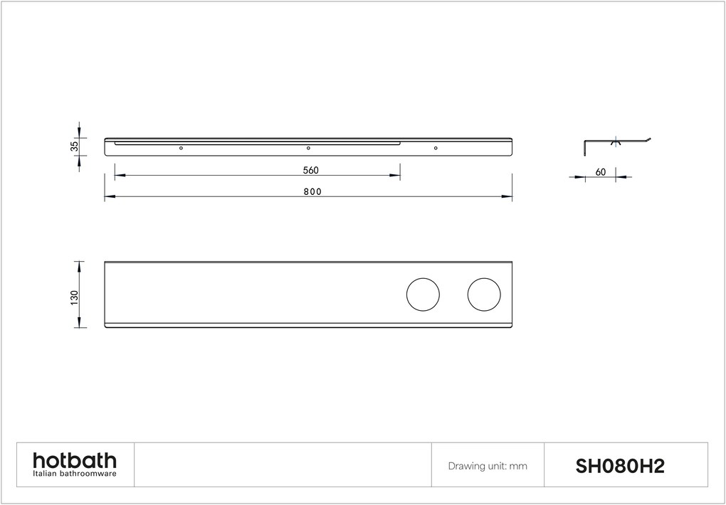 Hotbath &More planchet 80cm met twee uitsparingen voor een zeepdispenser of beker wit