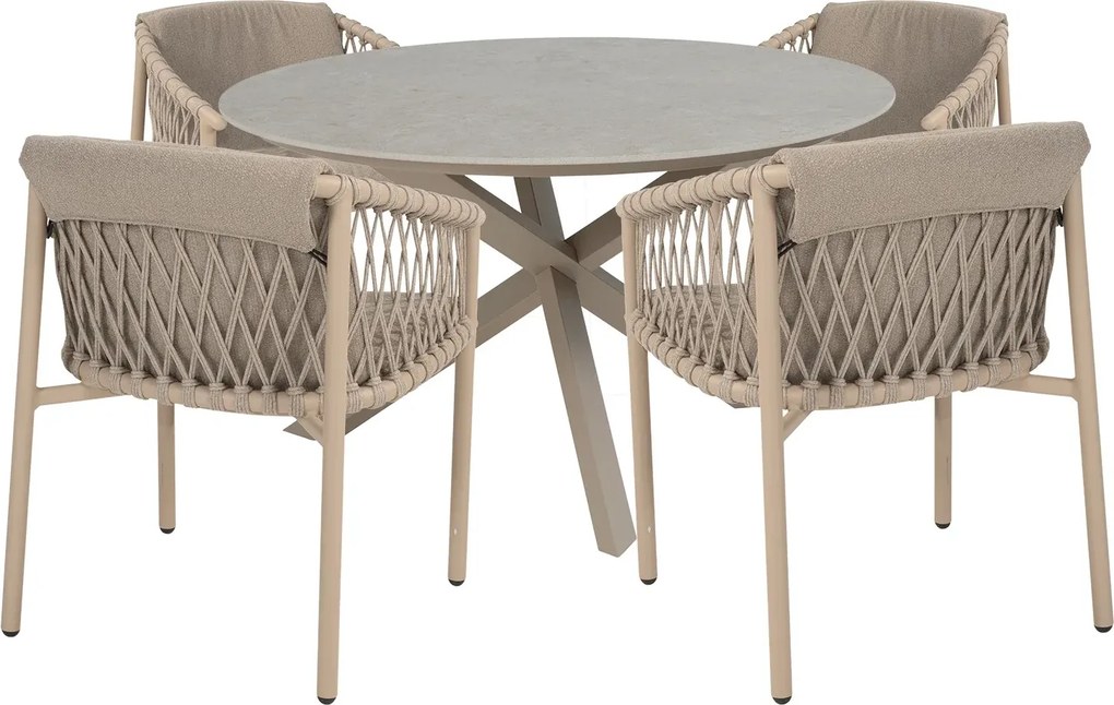 4 Seasons Outdoor Allora tuinset latte met Prado tafel met keramisch blad Ø 130 cm SALE Tuinset beige weerbestendig