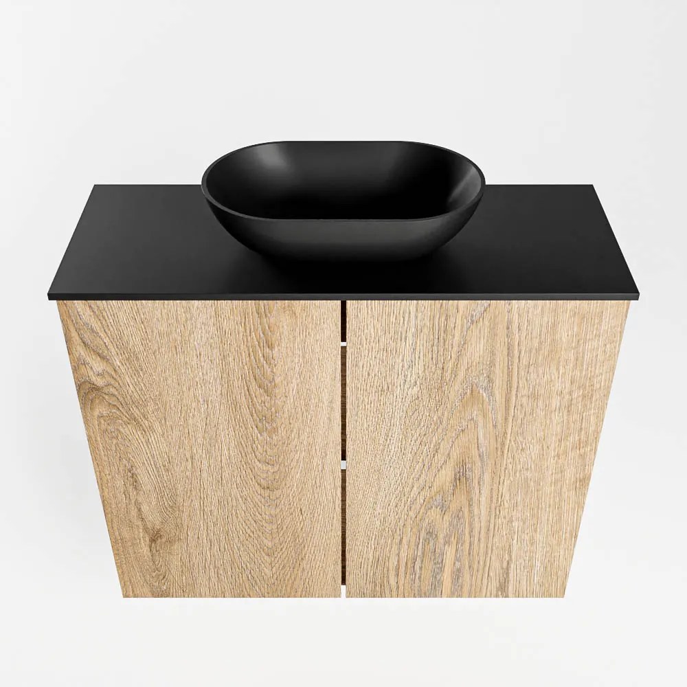 Mondiaz Fowy toiletmeubel 60cm washed oak met zwarte waskom midden en kraangat