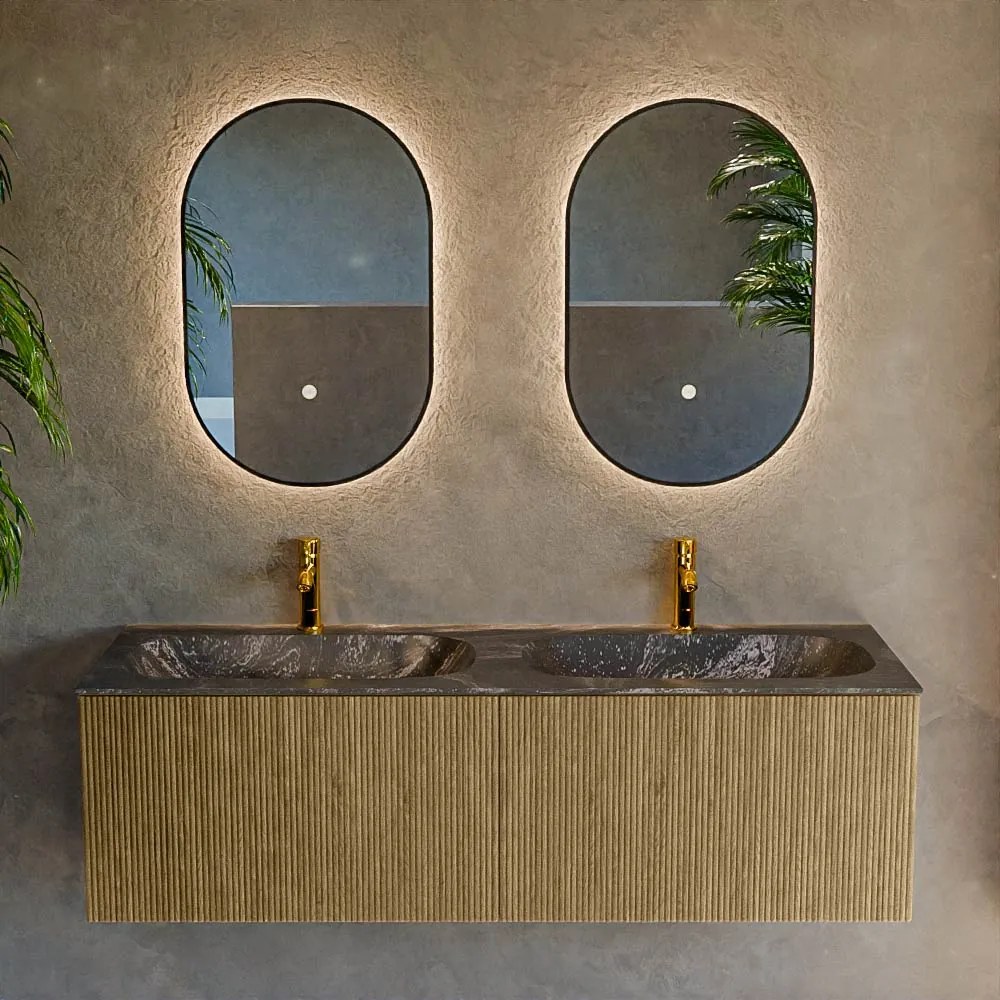 Mondiaz Kurve-dlux 140cm badmeubel dusk met 2 lades en wastafel stor small dubbel 2 kraangaten lava