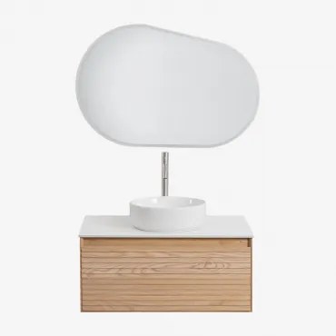 Tedrik Zwevend Badkamermeubelset Van Essenhout Ash Brown & Rond Keramiek Wit Ø40 Cm Lenka & Ovaal Led En Anticondens 100x80 Cm Riben & - Sklum
