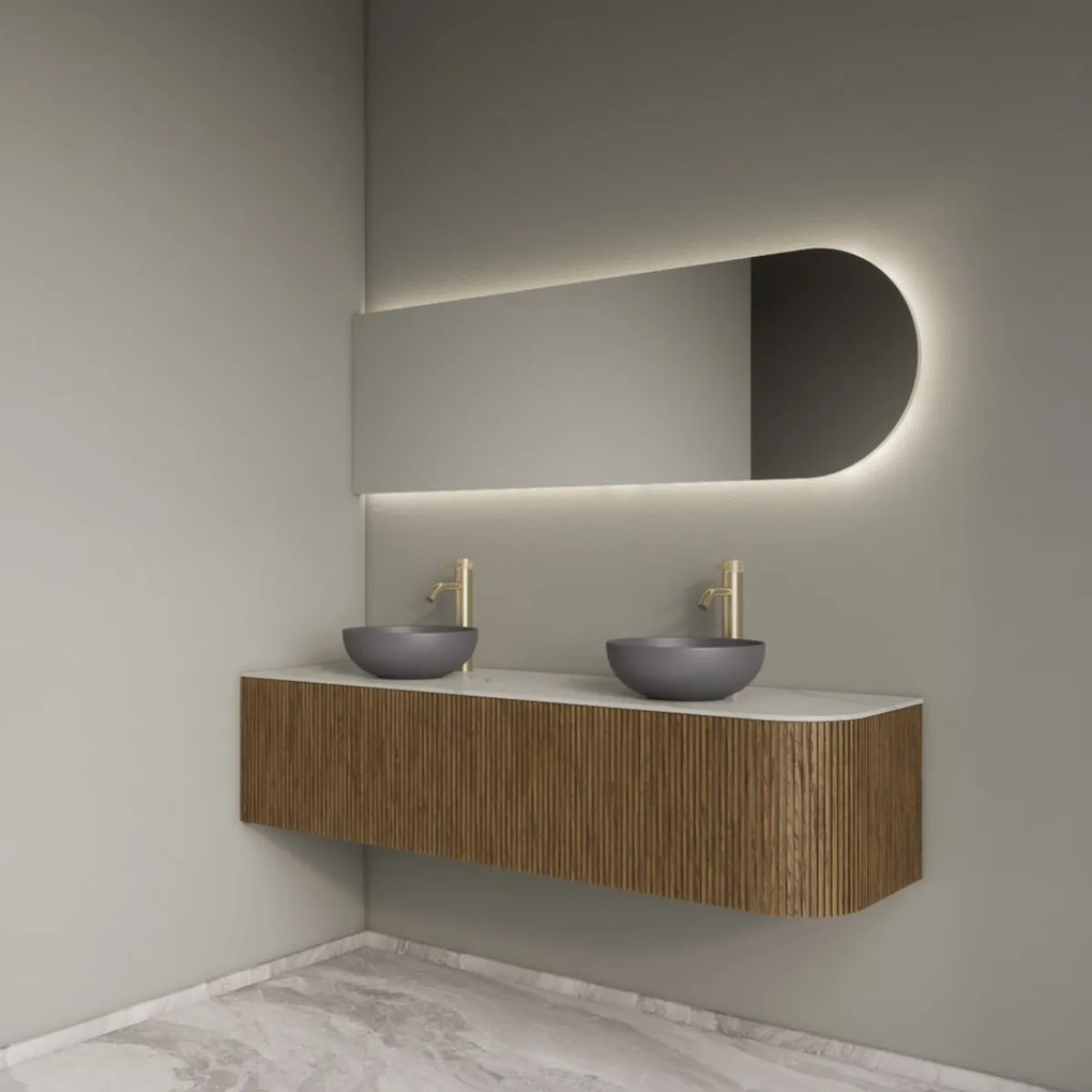 Gliss Design Alluro badmeubel ribbelfront met ronding rechts 160cm castle brown en wit marmer toppaneel