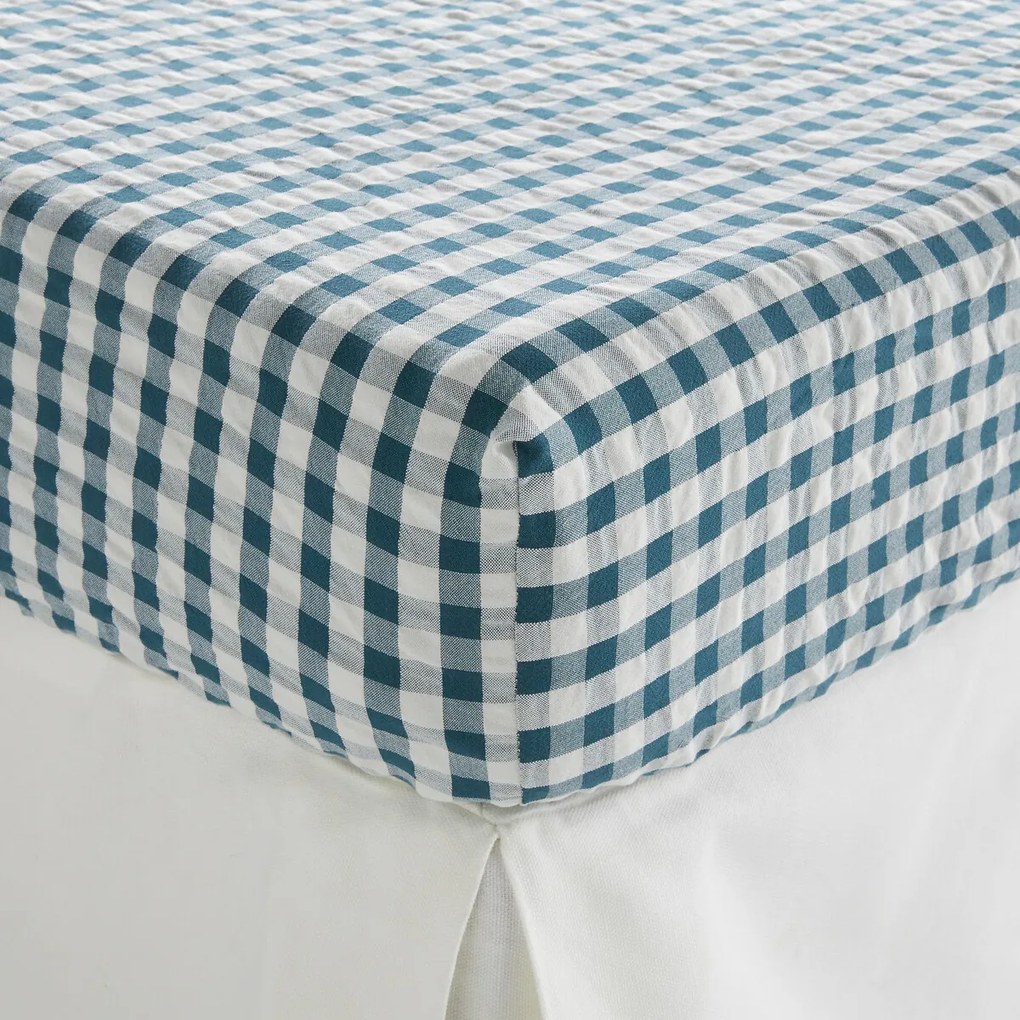 Hoeslaken katoen seersucker 30 cm, Cottage blauw
