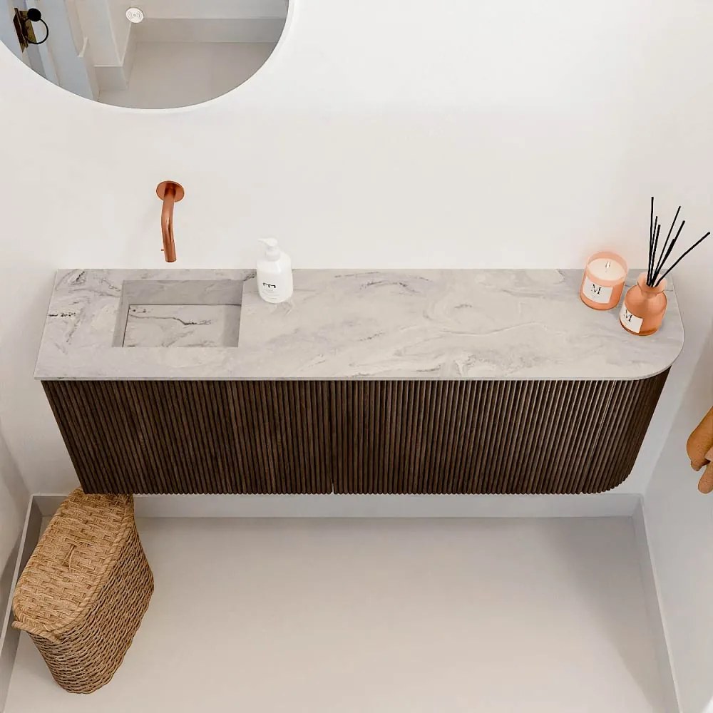 Mondiaz Joya DLux 110cm toiletmeubel ronding rechts walnut met wastafel faye links zonder kraangat glace