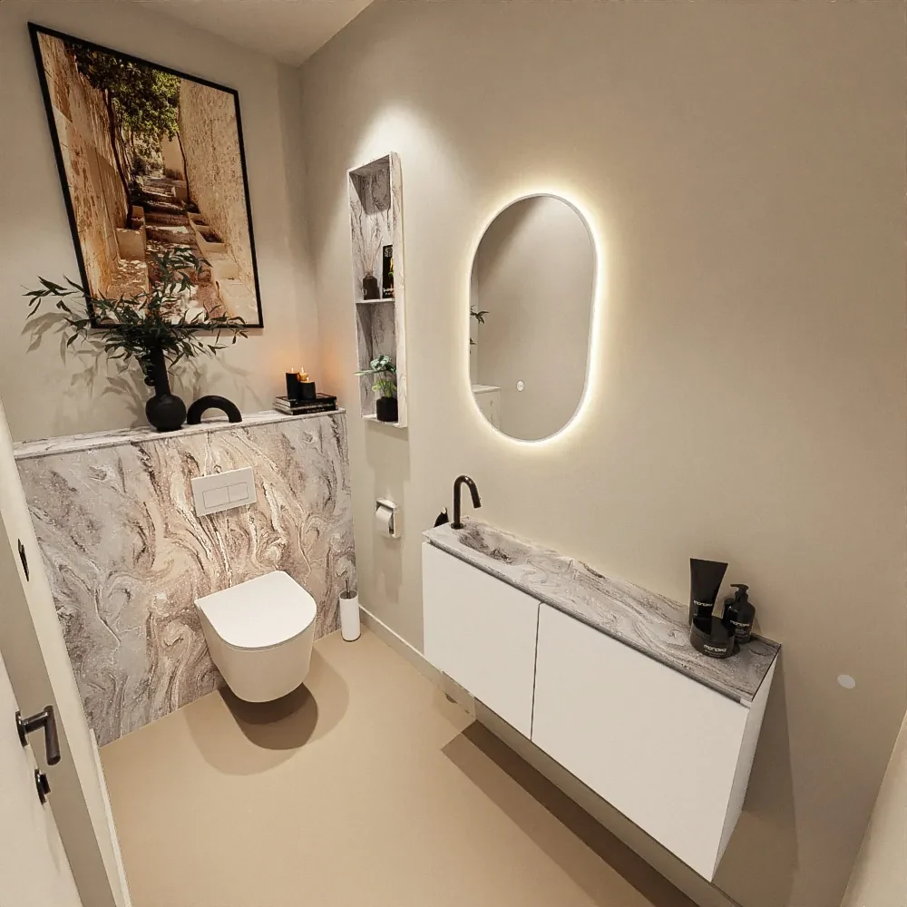 Mondiaz Ture DLux toiletmeubel 100cm talc met wastafel glace links met kraangat
