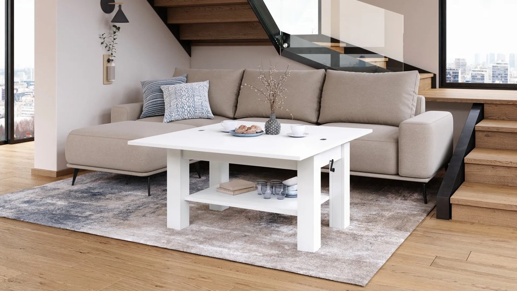BRAVO wit – uitschuifbare en in hoogte verstelbare salontafel, tafel met plank