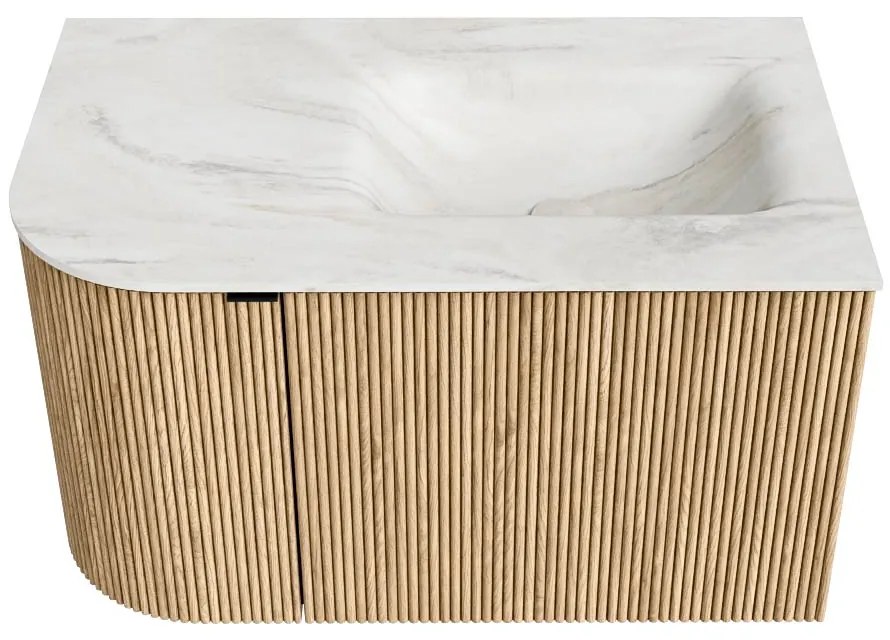 Mondiaz Kurve-dlux 75cm badmeubel ronding links oak met 1 lade en deur en wastafel grunne rechts zonder kraangat ostra